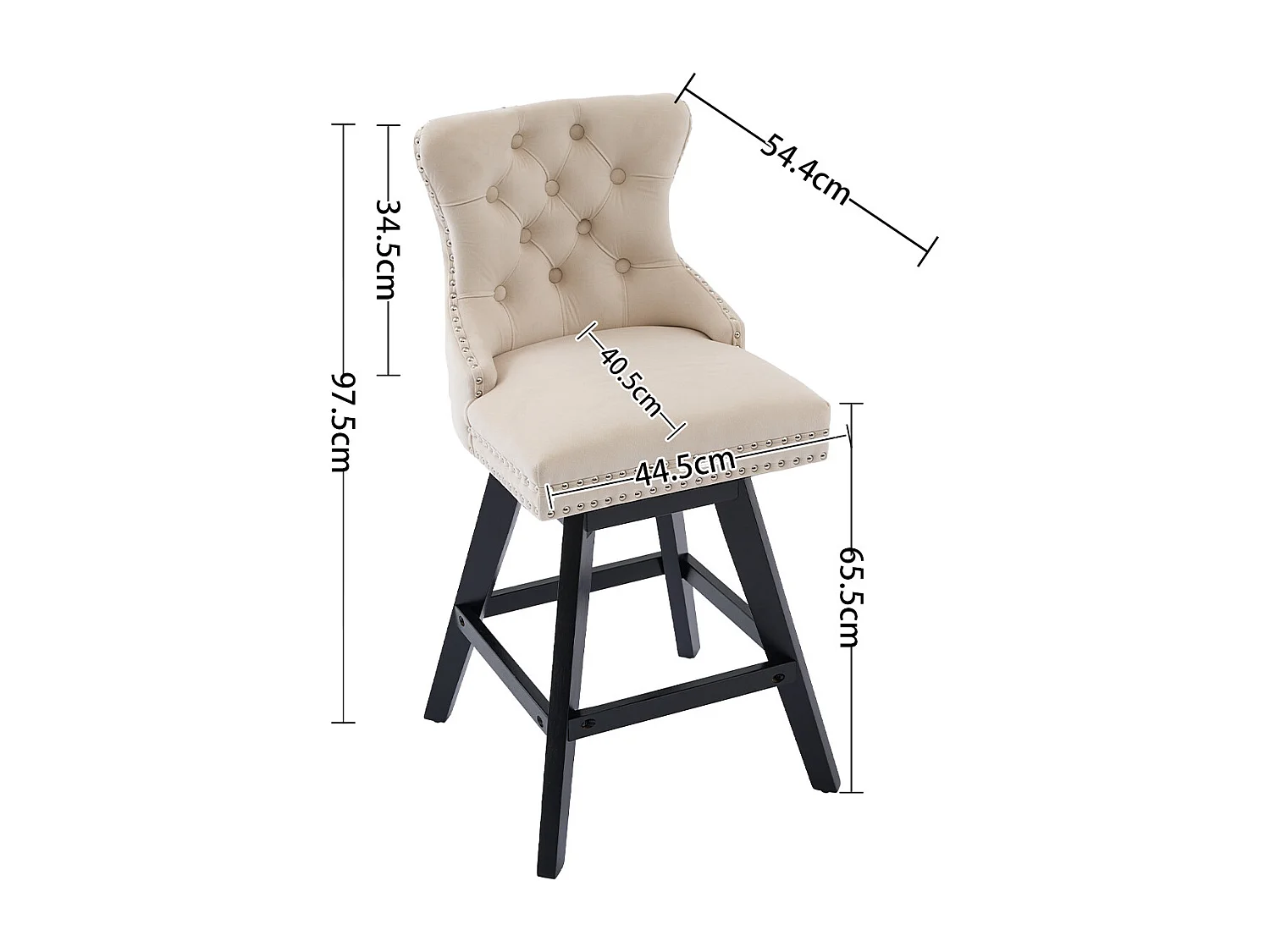 Lot de 2 tabourets de bar en velours - Pieds en bois - Beige