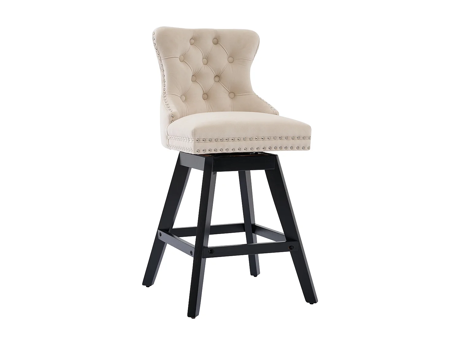 Lot de 2 tabourets de bar en velours - Pieds en bois - Beige