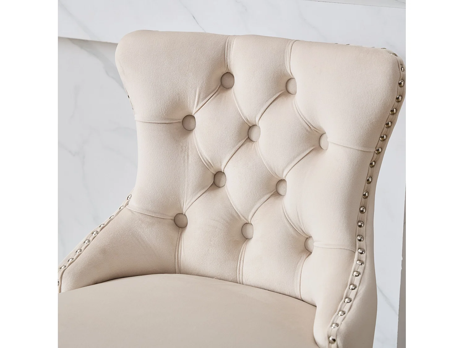 Lot de 2 tabourets de bar en velours - Pieds en bois - Beige