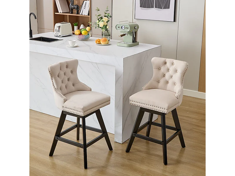 Juego de 2 taburetes de bar de terciopelo - Patas de madera - Beige