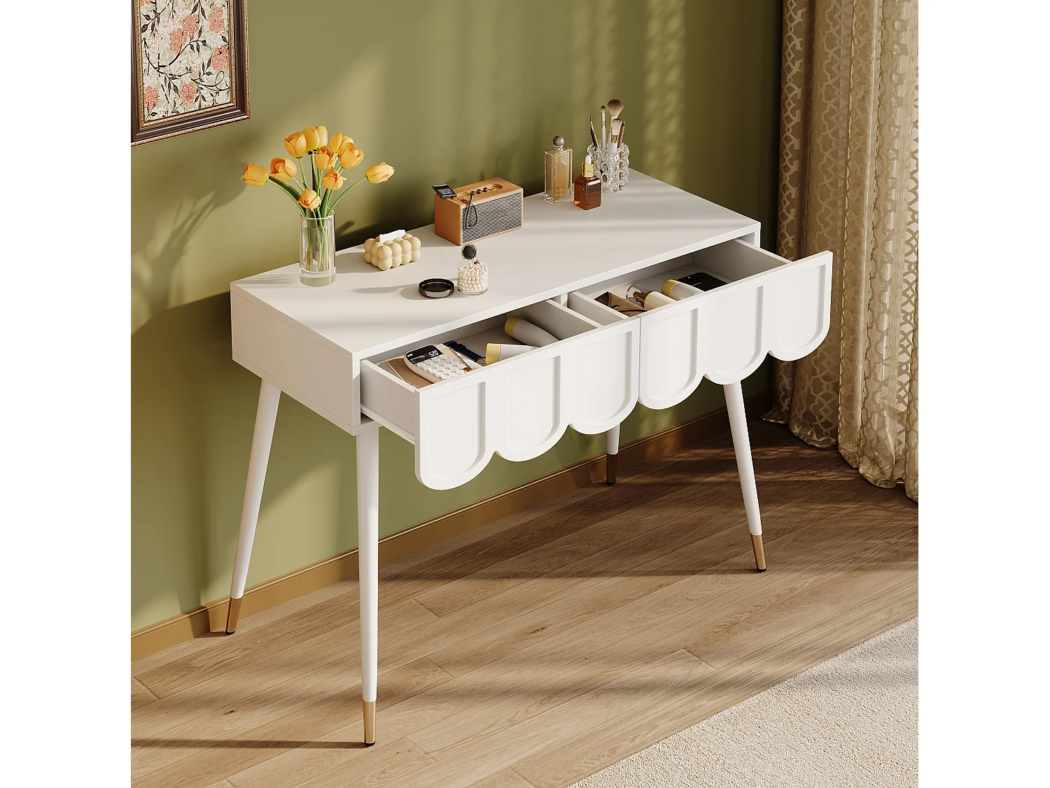 Consoletafel met 2 wolkvormige lades - Metalen poten - Wit en goud