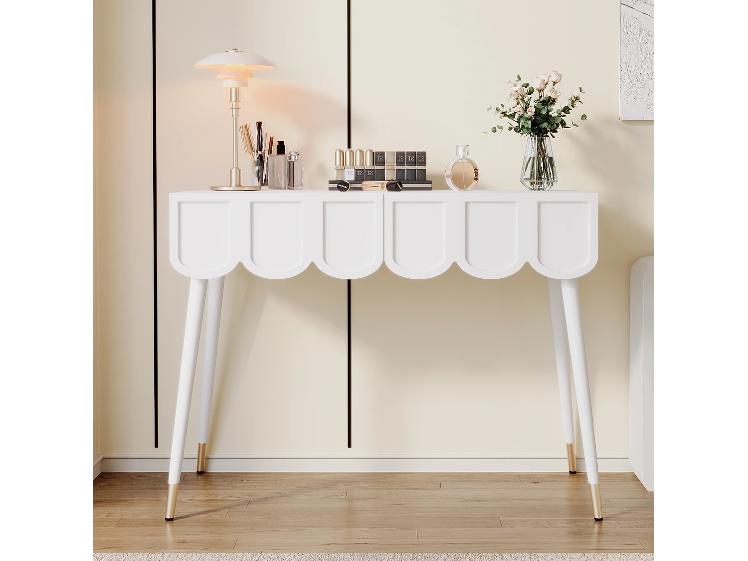 Consoletafel met 2 wolkvormige lades - Metalen poten - Wit en goud