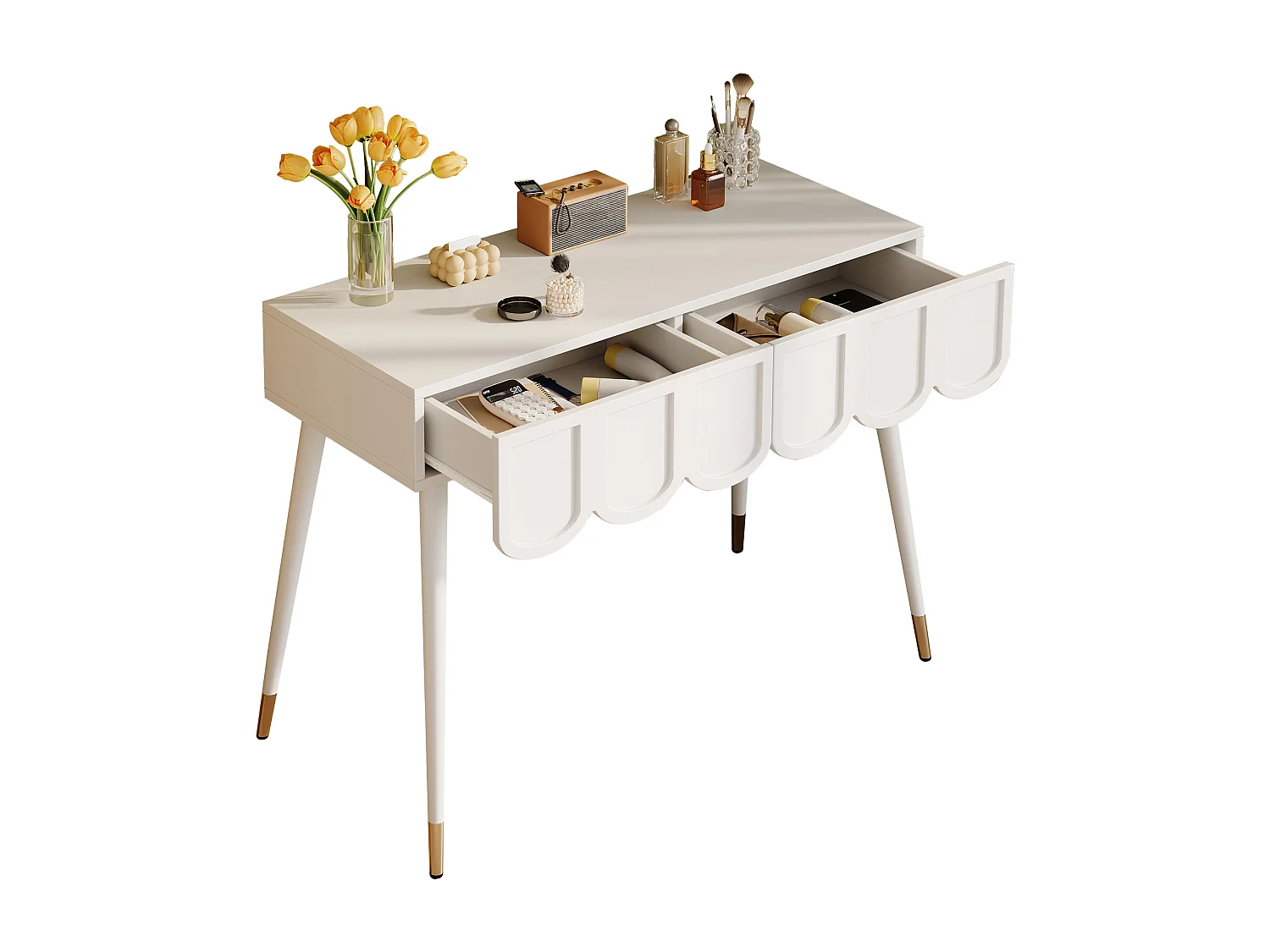 Consoletafel met 2 wolkvormige lades - Metalen poten - Wit en goud