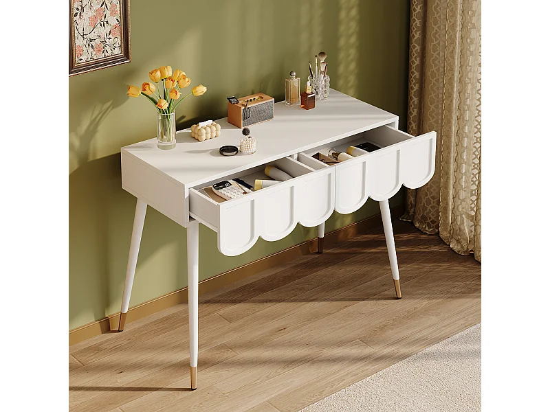 Consoletafel met 2 wolkvormige lades - Metalen poten - Wit en goud