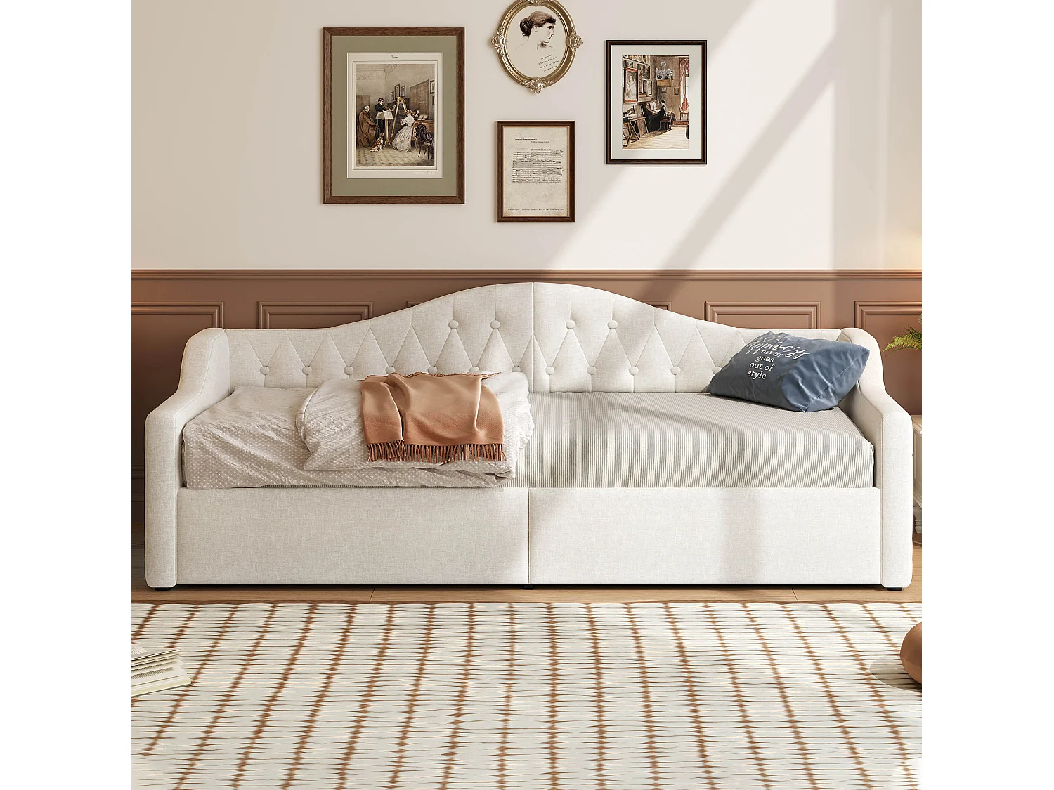 Divano letto 90x200 cm in lino beige - Letto contenitore con illuminazione a LED (materasso non incluso)