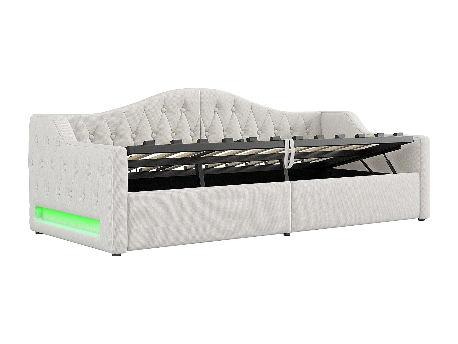 Divano letto 90x200 cm in lino beige - Letto contenitore con illuminazione a LED (materasso non incluso)