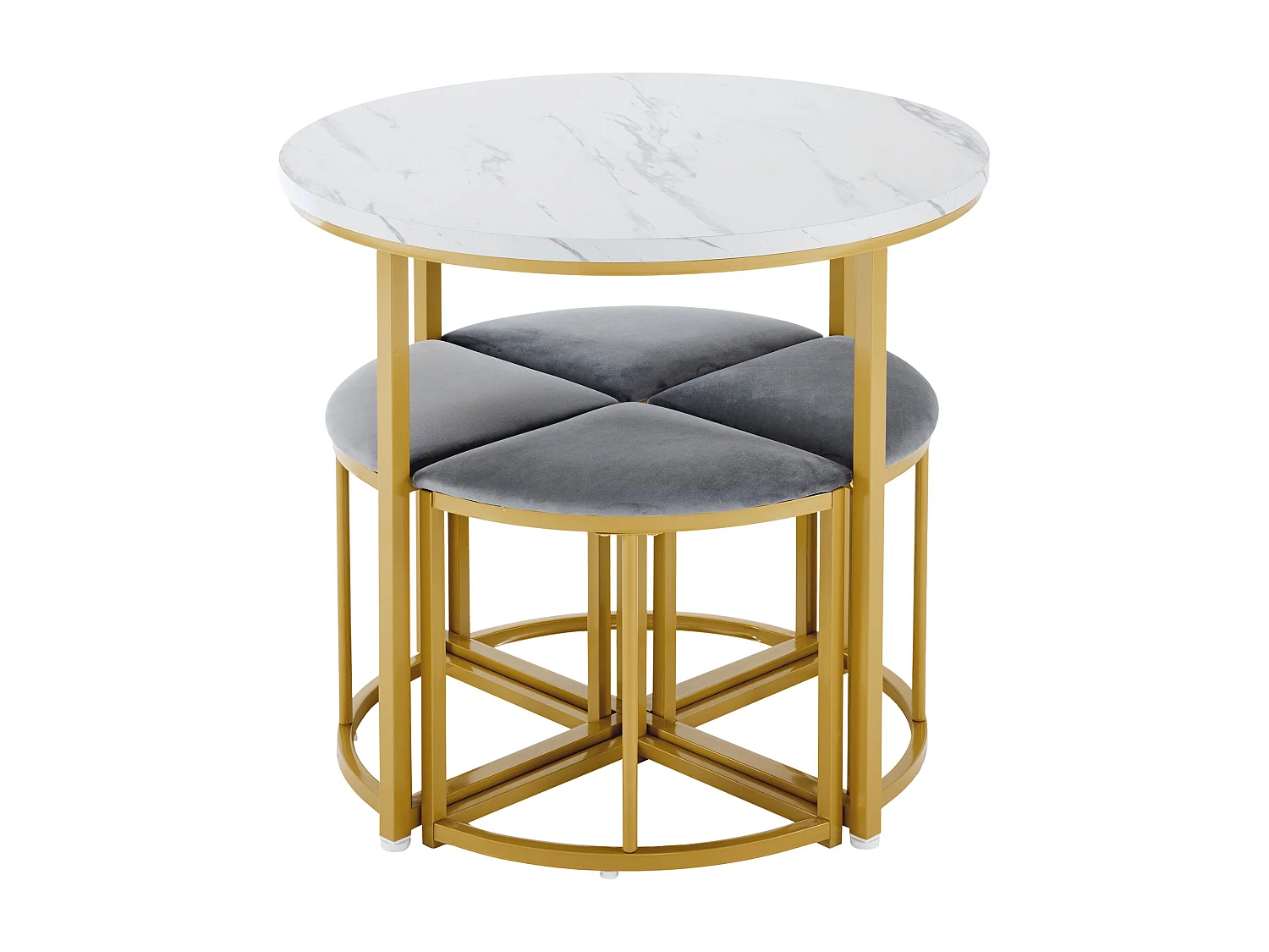 Ensemble table ronde avec 4 chaises en velours gris - Cadre métal doré