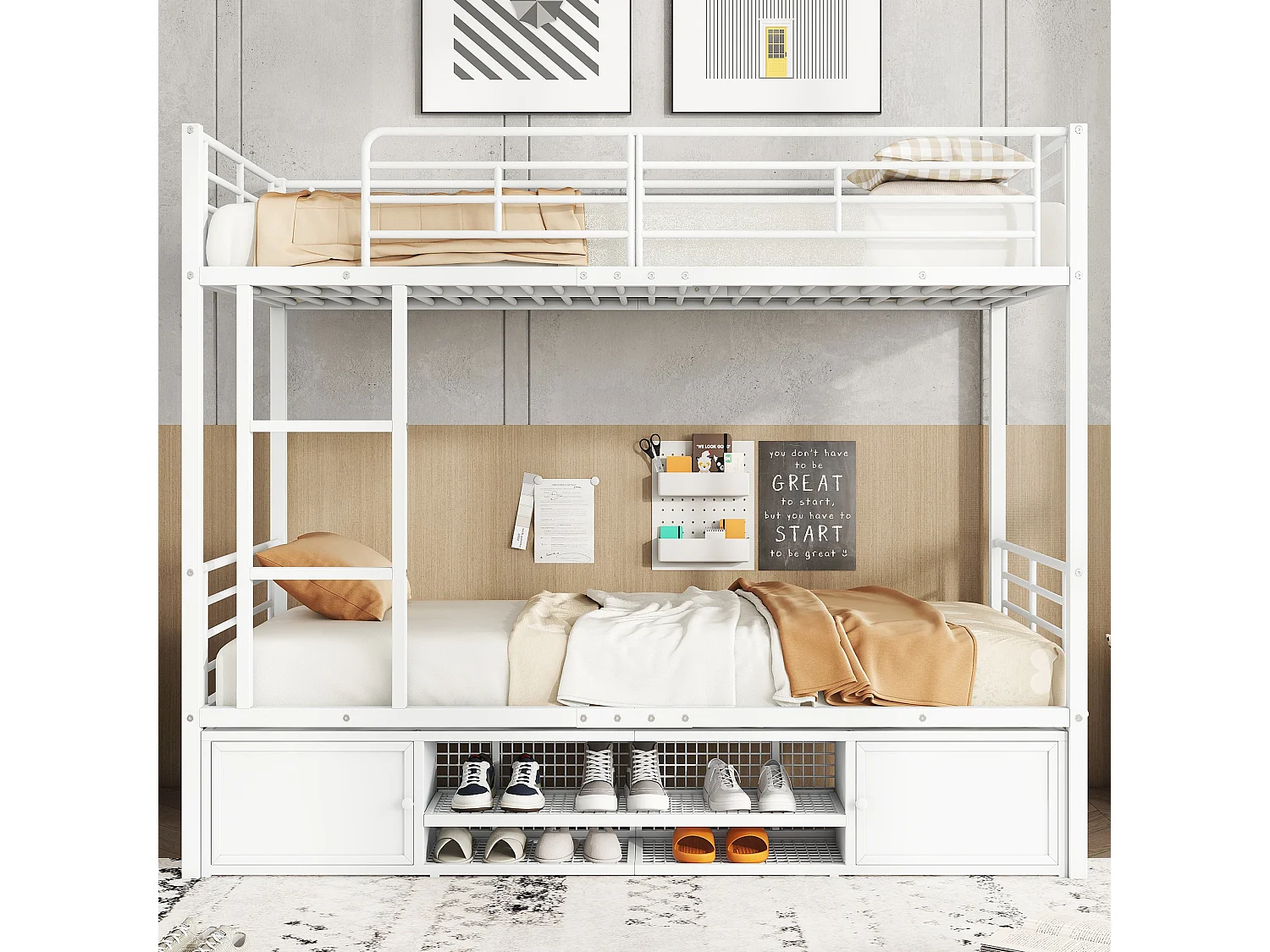 Metalen stapelbed 90x200cm - Kinderbed met open schoenenkast en opbergruimte - Wit