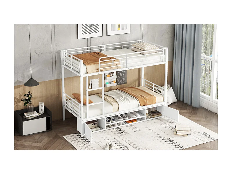 Metalen stapelbed 90x200cm - Kinderbed met open schoenenkast en opbergruimte - Wit