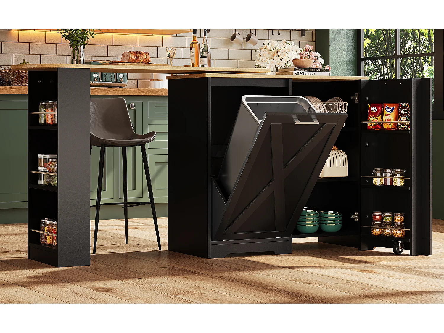 Mobile bar girevole con 2 ante - Piano effetto legno - Nero