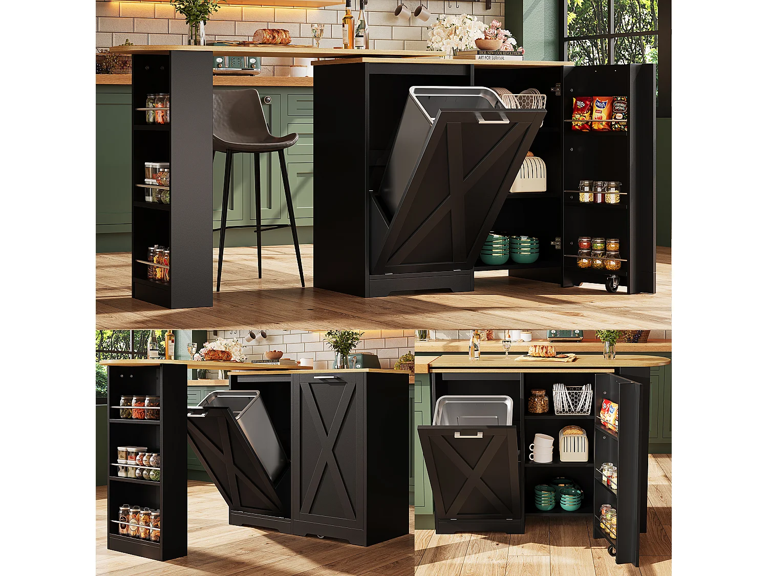 Mobile bar girevole con 2 ante - Piano effetto legno - Nero