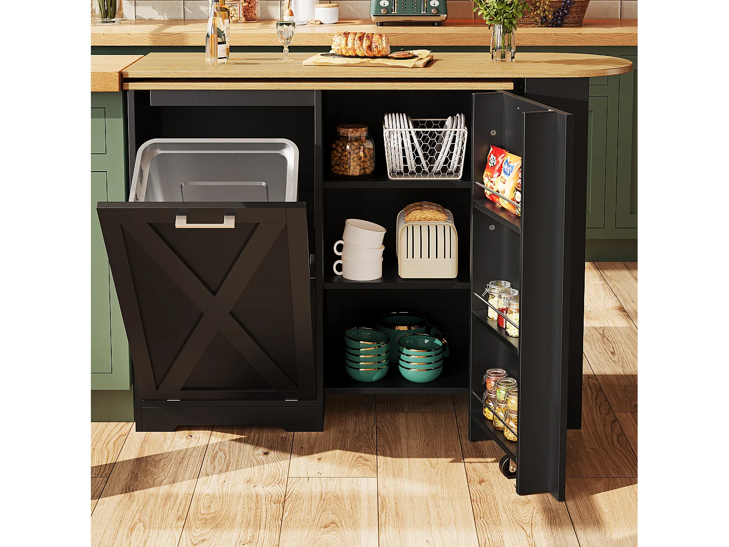 Mobile bar girevole con 2 ante - Piano effetto legno - Nero