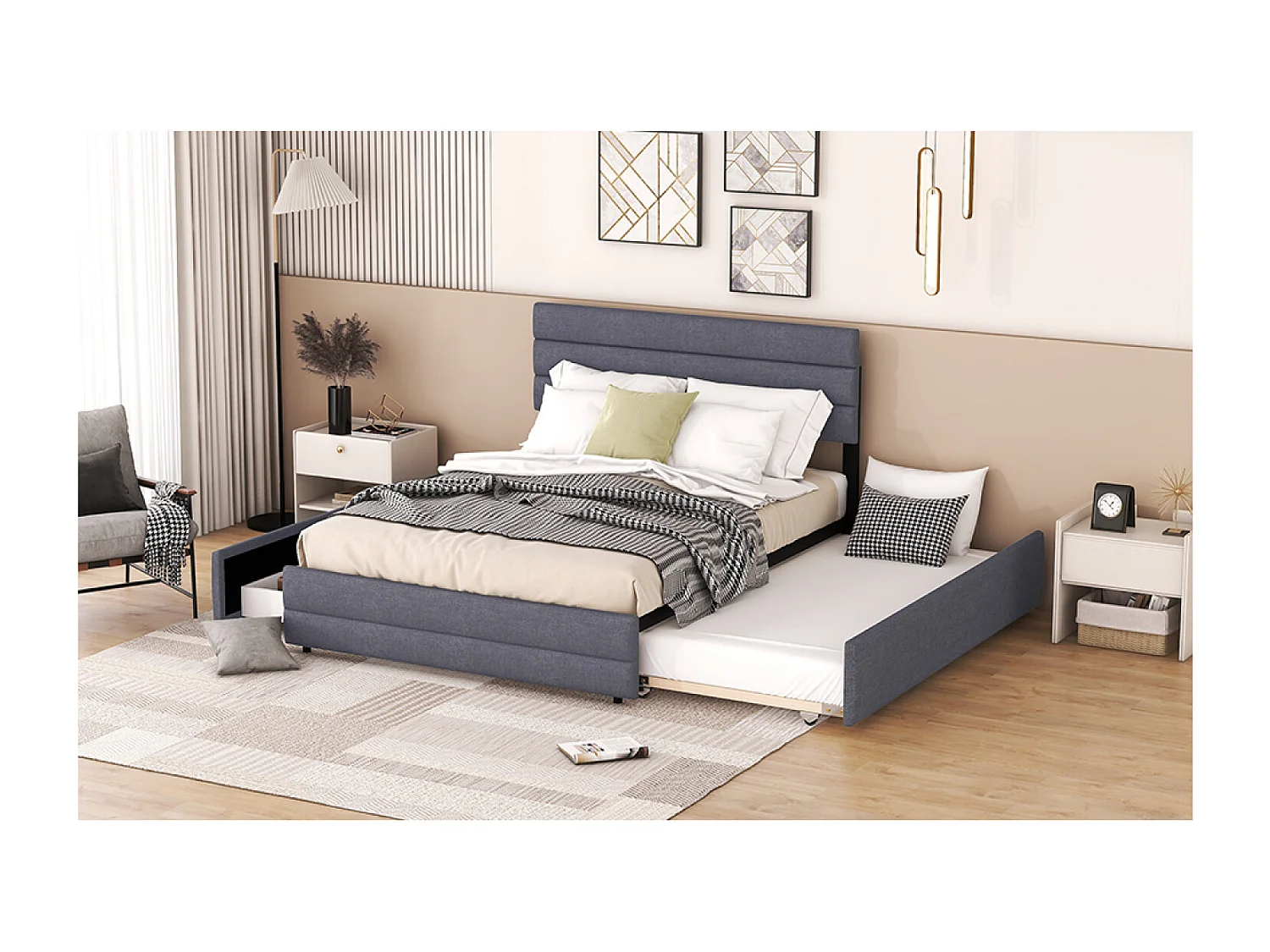 Cama adulto 140x200cm con cama nido 90x190cm y 2 cajones - Tejido de lino gris