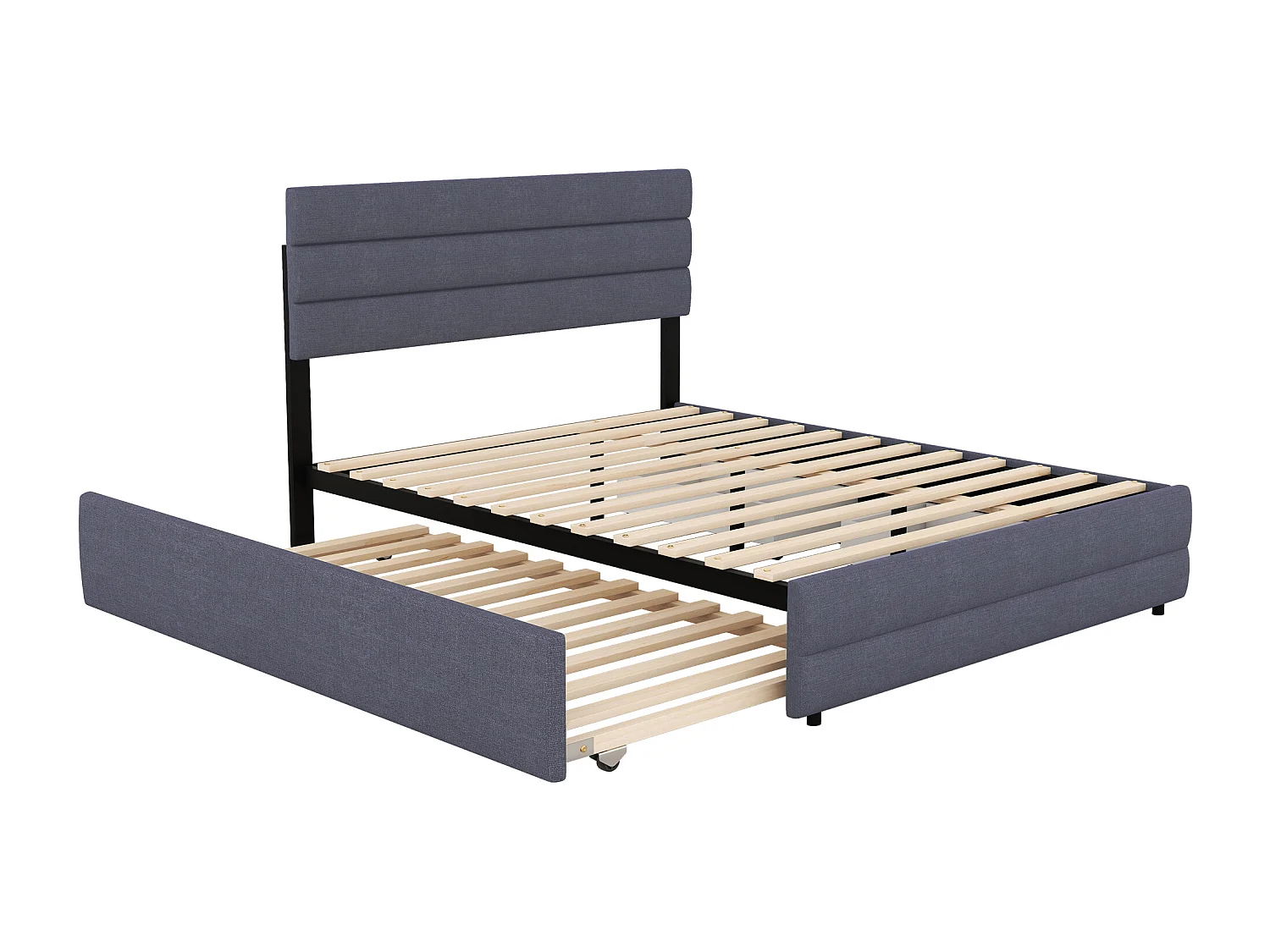 Cama adulto 140x200cm con cama nido 90x190cm y 2 cajones - Tejido de lino gris