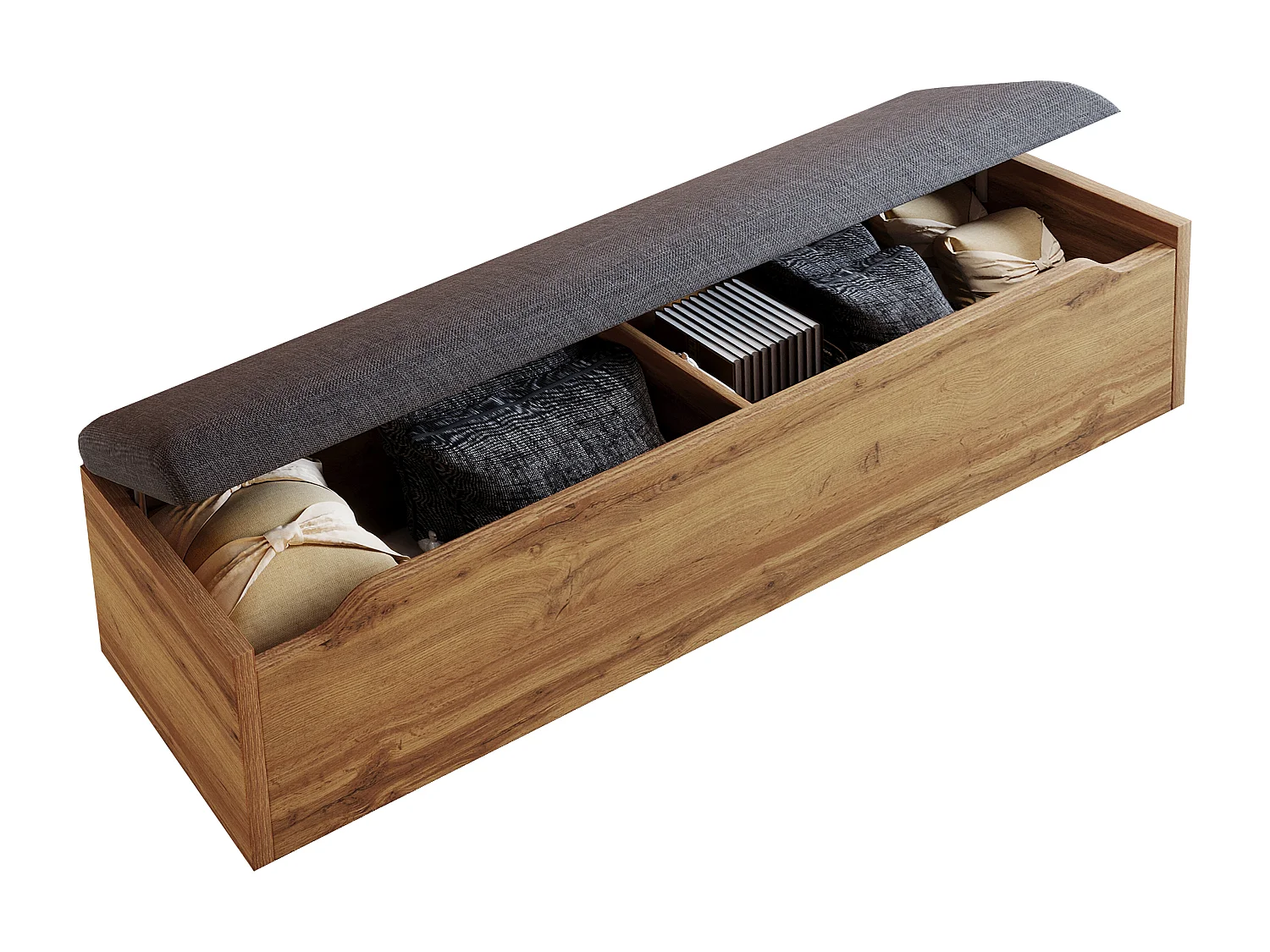 Lit adulte double 180×200 cm avec lampe de lecture , USB , 2 tables de chevet et banc - Métal, bois et lin - Naturel clair