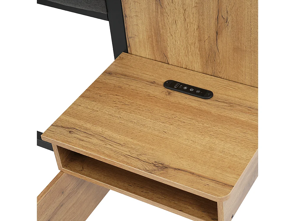 Lit adulte double 180×200 cm avec lampe de lecture , USB , 2 tables de chevet et banc - Métal, bois et lin - Naturel clair