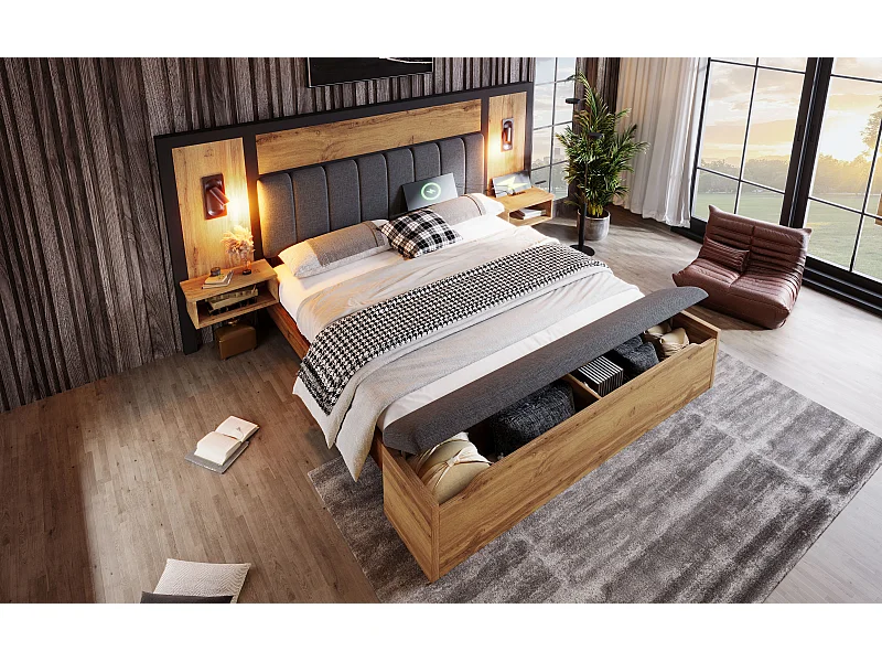 Lit adulte double 180×200 cm avec lampe de lecture , USB , 2 tables de chevet et banc - Métal, bois et lin - Naturel clair