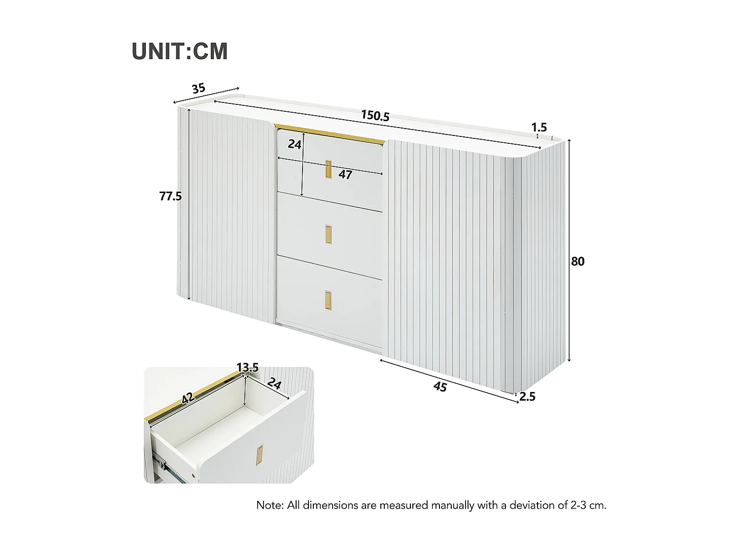 Buffet LED avec 2 portes et 3 tiroirs - Blanc 150.5x35x80cm