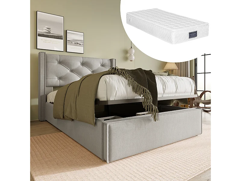 Letto contenitore per bambini 90x200cm con materasso - Tessuto di cotone - Grigio chiaro