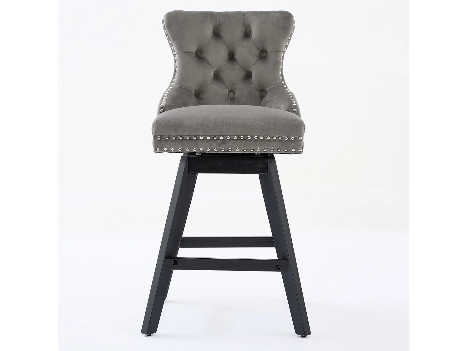 Lot de 2 tabourets de bar en velours - Pieds en bois - Gris