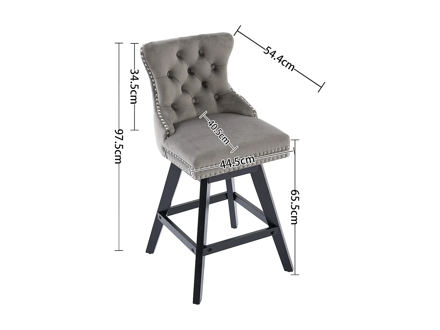 Lot de 2 tabourets de bar en velours - Pieds en bois - Gris