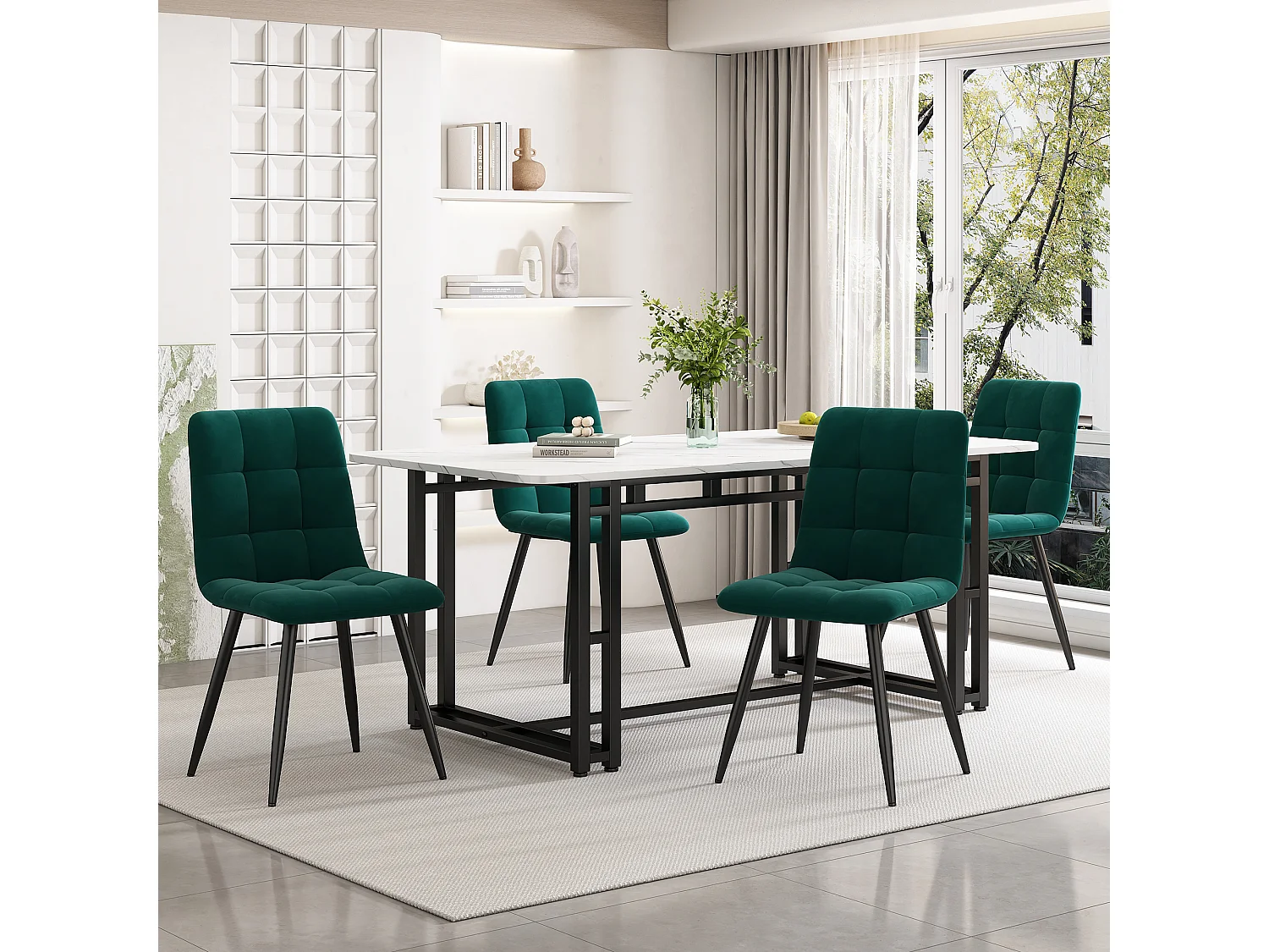 Tafel en 4 stoelen - Fluweelzachte stoelen - Donkergroen en wit