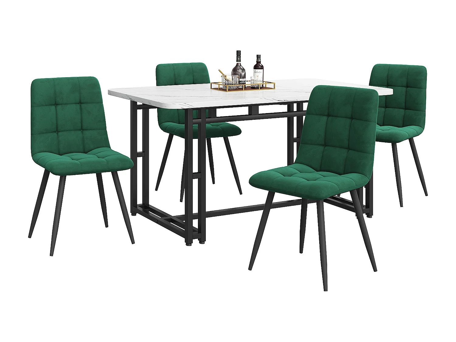 Tafel en 4 stoelen - Fluweelzachte stoelen - Donkergroen en wit