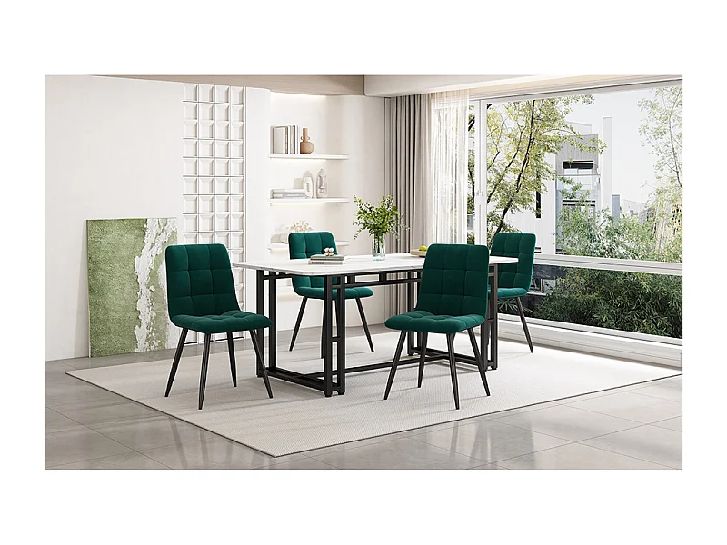 Ensemble table + 4 chaises - Chaises en velours - Vert foncé et blanc
