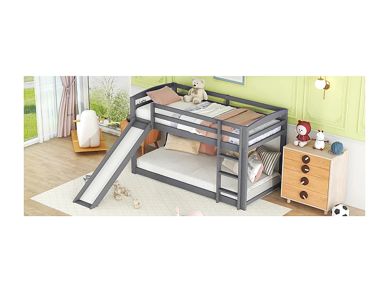 Lit superposé enfant 90x200cm avec toboggan - Bois en pin et MDF - Gris
