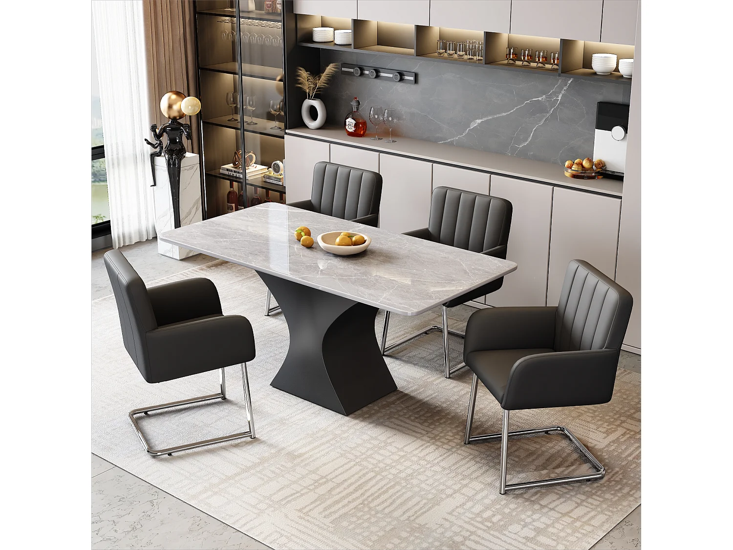 Set van 4 stoelen in zwart PU-leer - Metalen poten - Verticale strepen