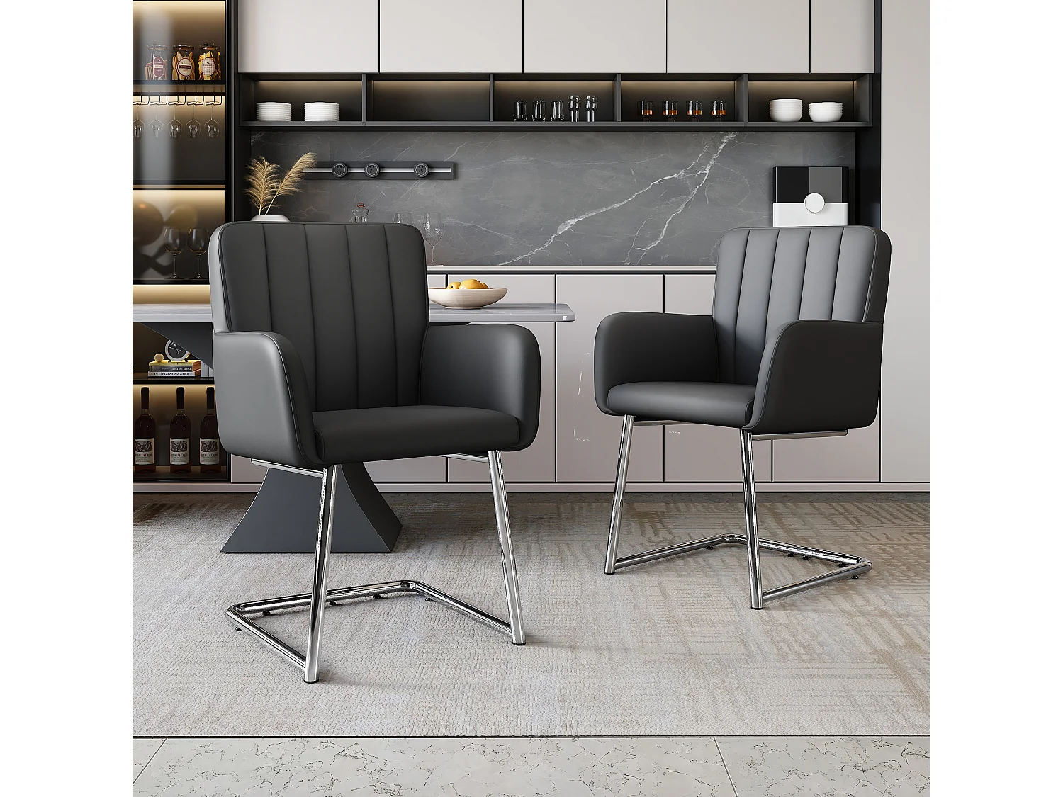 Set van 4 stoelen in zwart PU-leer - Metalen poten - Verticale strepen