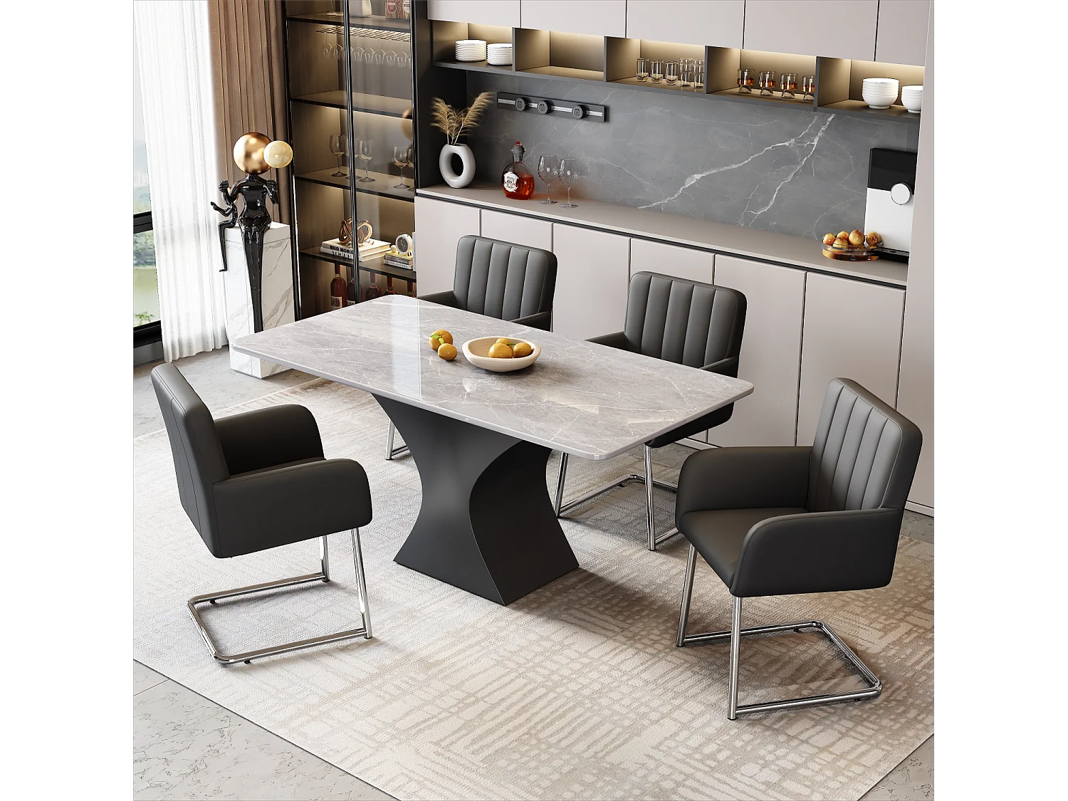 Lot de 4 chaises en simili cuir PU noir - Pieds en métal - Rayures verticales