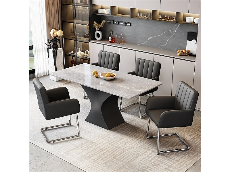 Set van 4 stoelen in zwart PU-leer - Metalen poten - Verticale strepen