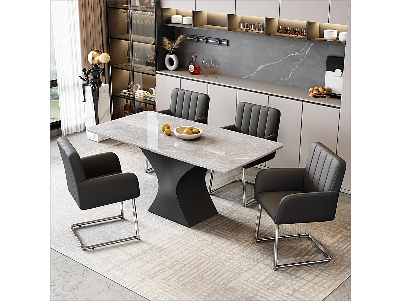 Lot de 4 chaises en simili cuir PU noir - Pieds en métal - Rayures verticales