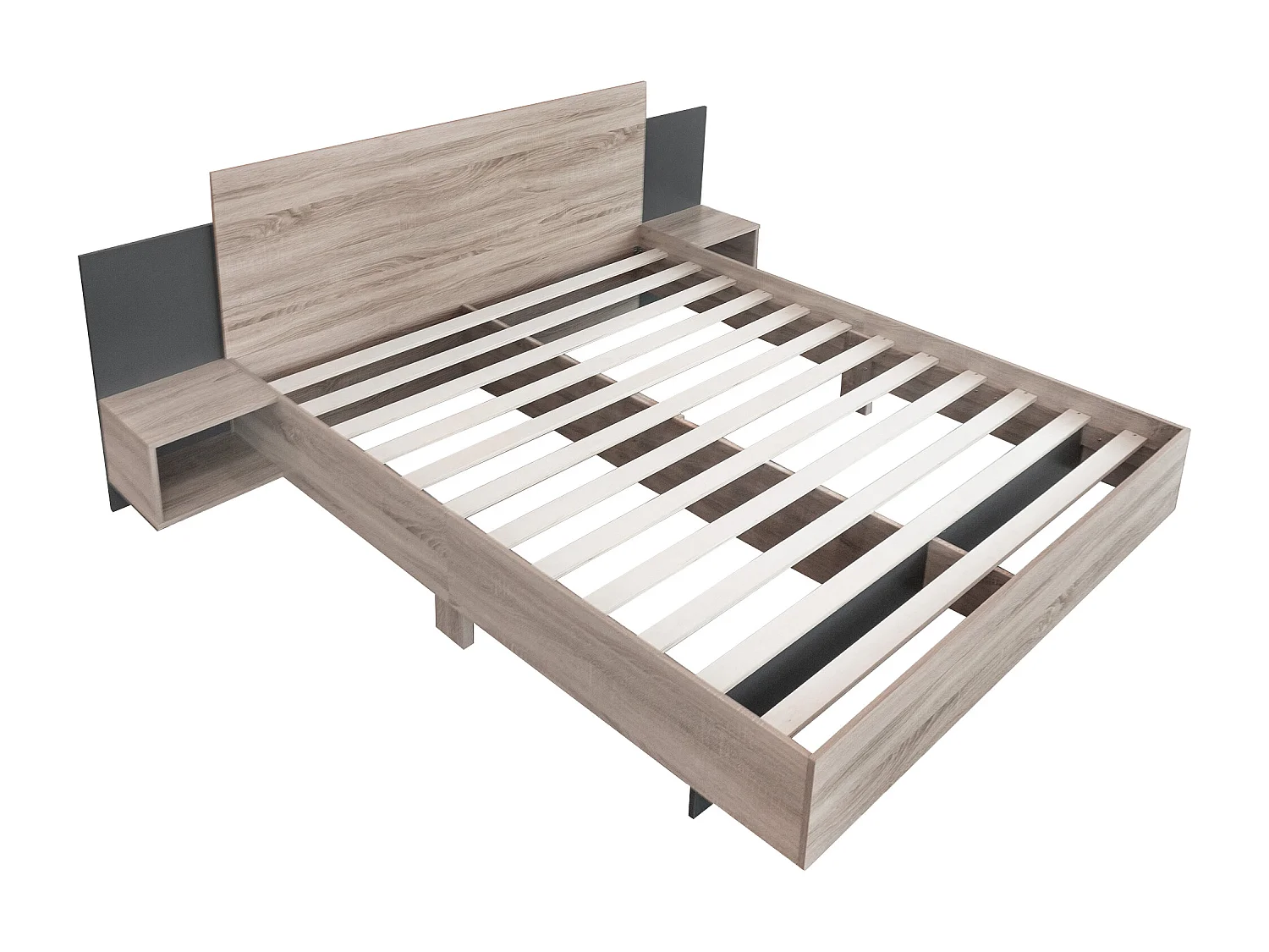 Cama doble adulto 160x200 cm en madera con 2 mesitas de noche - Color madera y gris