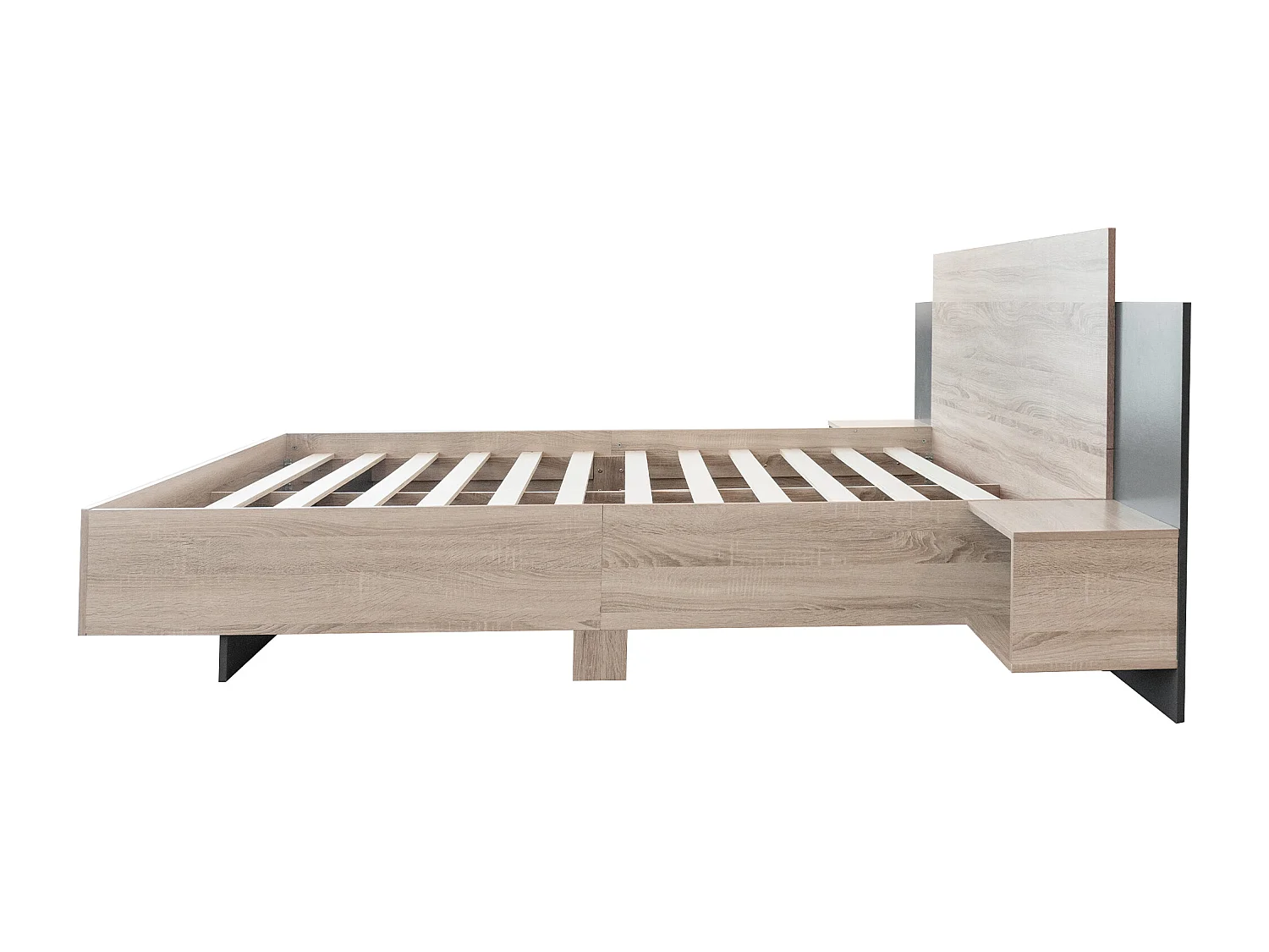 Cama doble adulto 160x200 cm en madera con 2 mesitas de noche - Color madera y gris