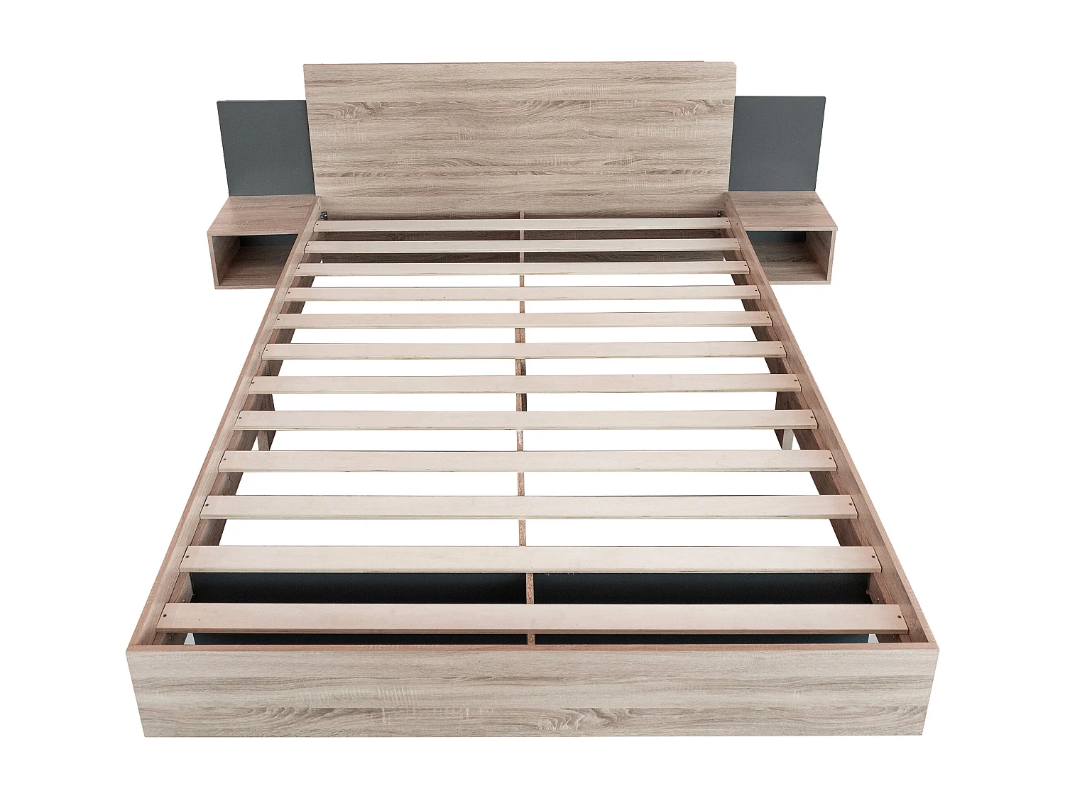 Cama doble adulto 160x200 cm en madera con 2 mesitas de noche - Color madera y gris