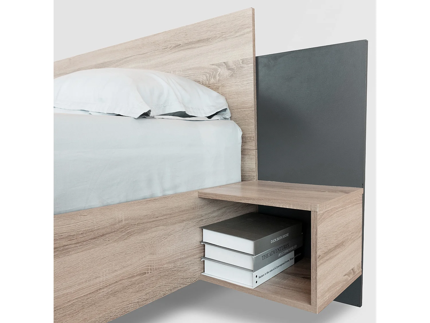 Cama doble adulto 160x200 cm en madera con 2 mesitas de noche - Color madera y gris