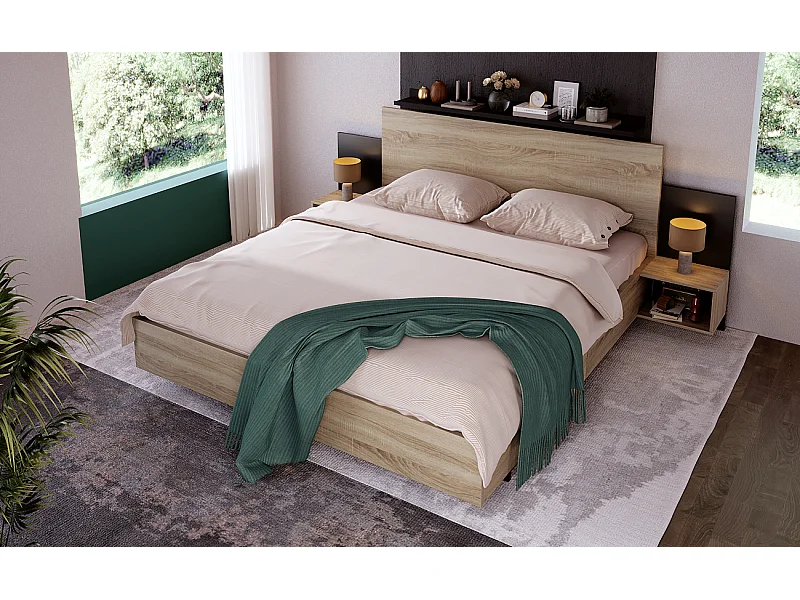 Cama doble adulto 160x200 cm en madera con 2 mesitas de noche - Color madera y gris