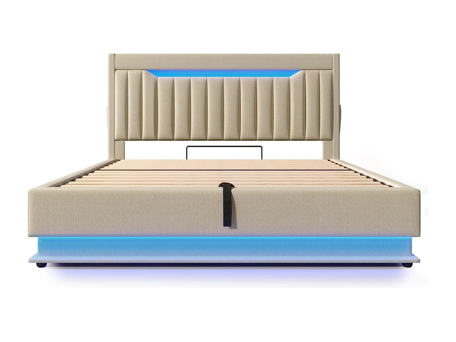 Lit double coffre 160x200cm avec LED , ports USB et Type-C - Lit adulte avec Matelas - Lin beige