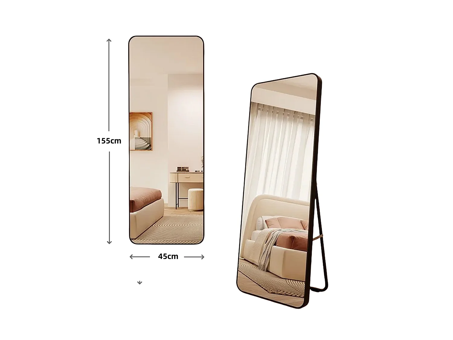 Vrijstaande spiegel 45 x 155 cm - Afgeronde randen - Zwart