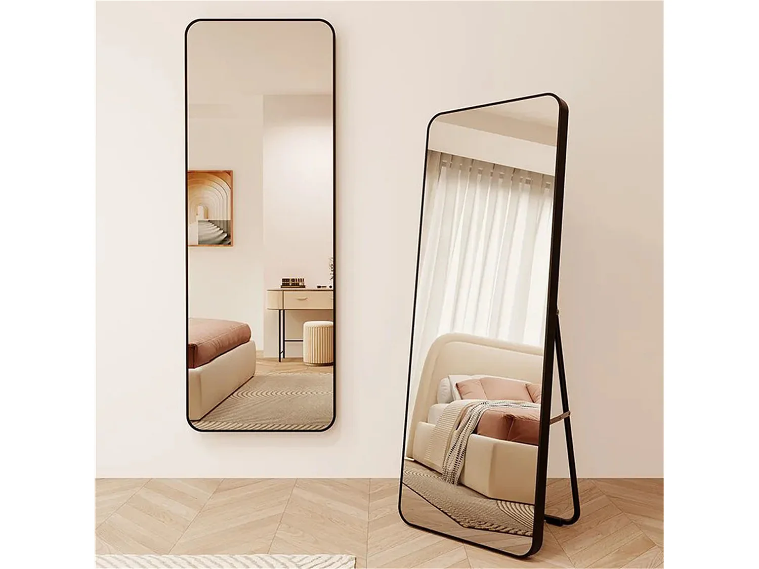 Miroir sur pied 45 x 155 cm - Bords arrondis - Noir