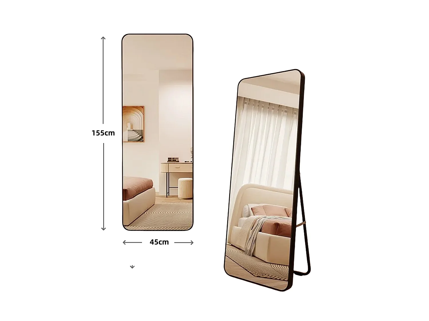 Miroir sur pied 45 x 155 cm - Bords arrondis - Noir