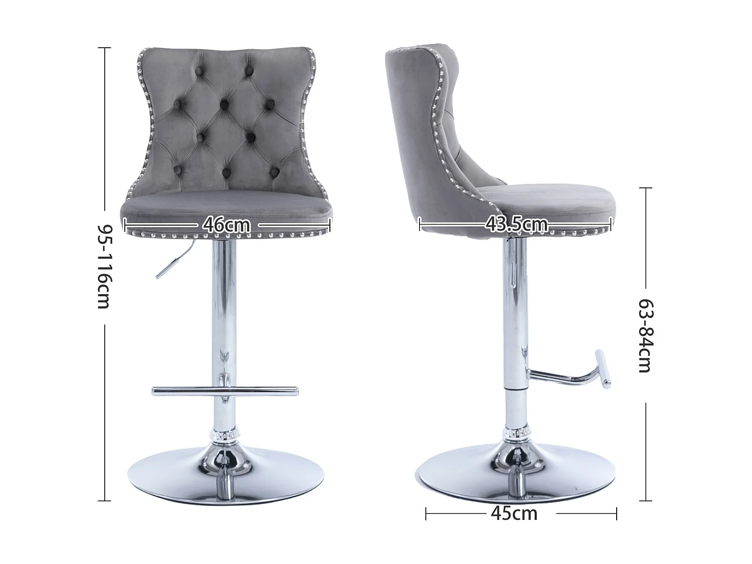 Set van 2 draaibare barkrukken in fluweel - Verstelbare hoogte van 63,5 tot 84 cm - Grijs en zilver