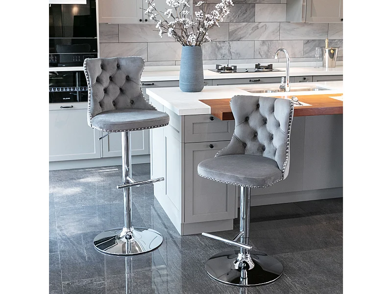 Set van 2 draaibare barkrukken in fluweel - Verstelbare hoogte van 63,5 tot 84 cm - Grijs en zilver