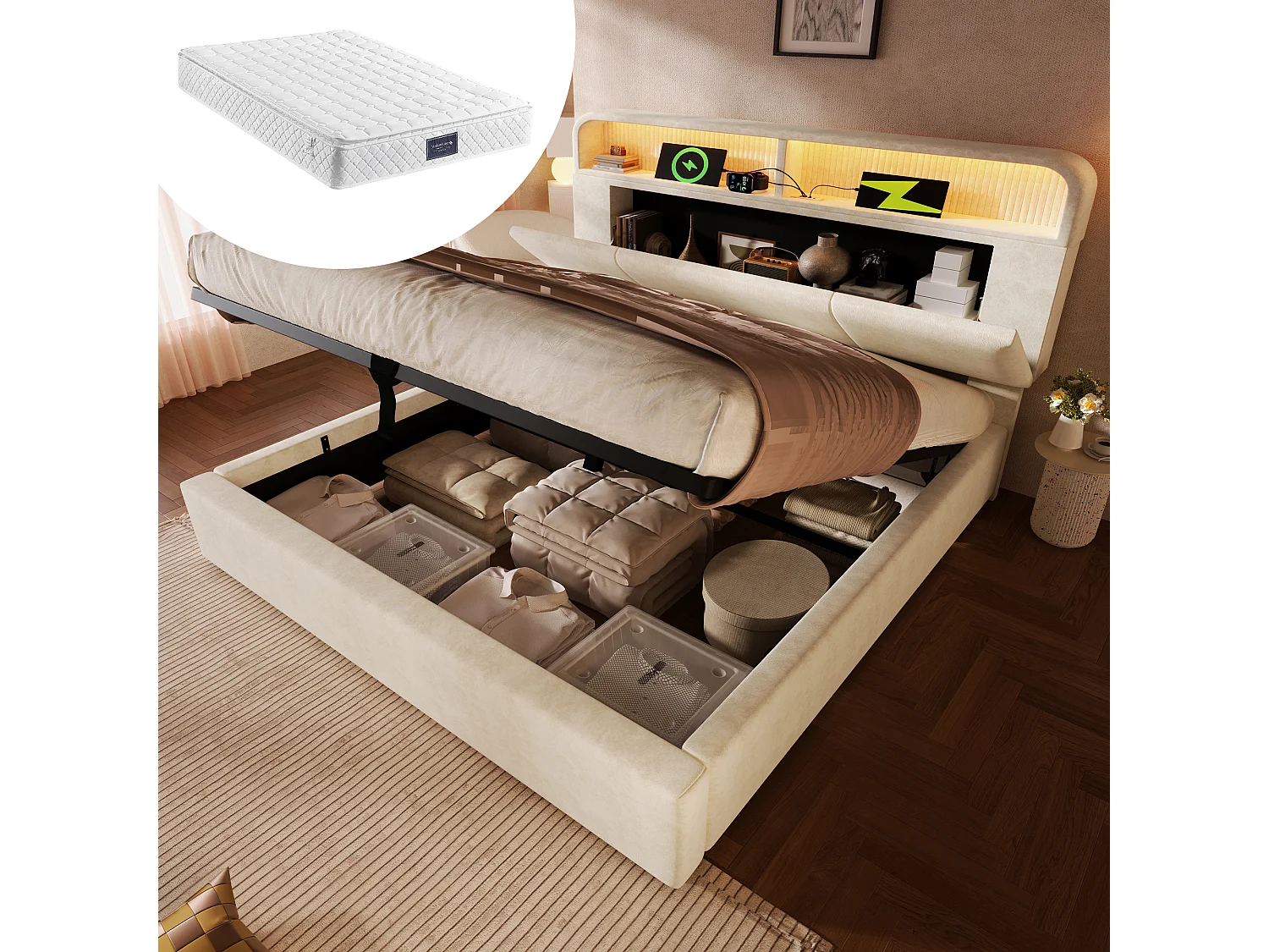 Letto contenitore 140x200 cm in velluto beige - Letto per adulti con LED e USB (materasso incluso)