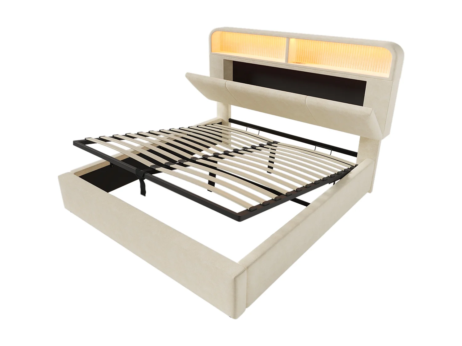 Letto contenitore 140x200 cm in velluto beige - Letto per adulti con LED e USB (materasso incluso)