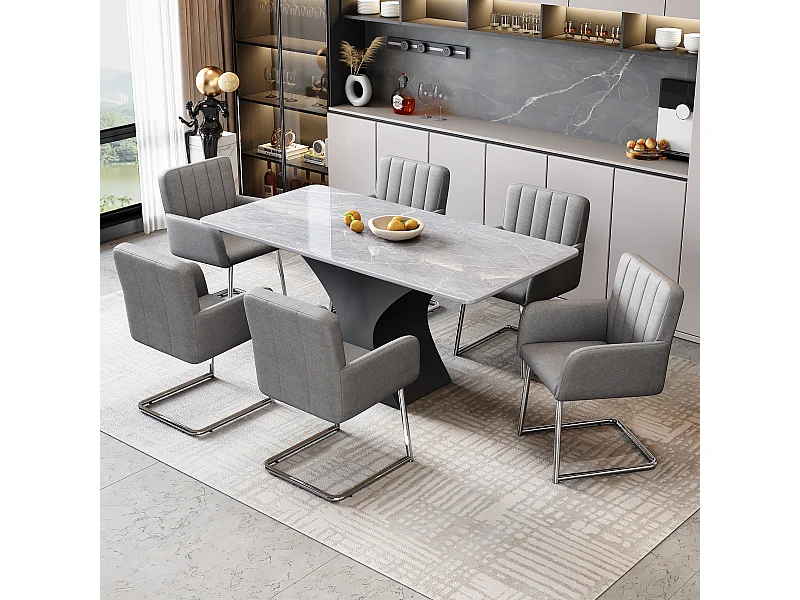 Set van 6 stoelen in grijs PU-leer - Metalen poten - Verticale strepen