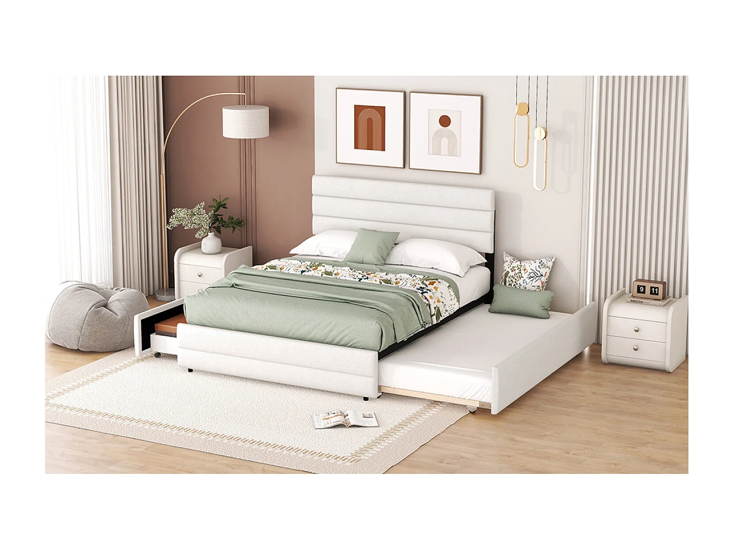 Cama adulto 140x200cm con cama nido 90x190cm y 2 cajones - Tejido de lino beige