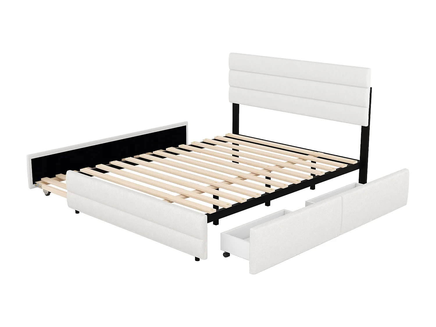 Cama adulto 140x200cm con cama nido 90x190cm y 2 cajones - Tejido de lino beige